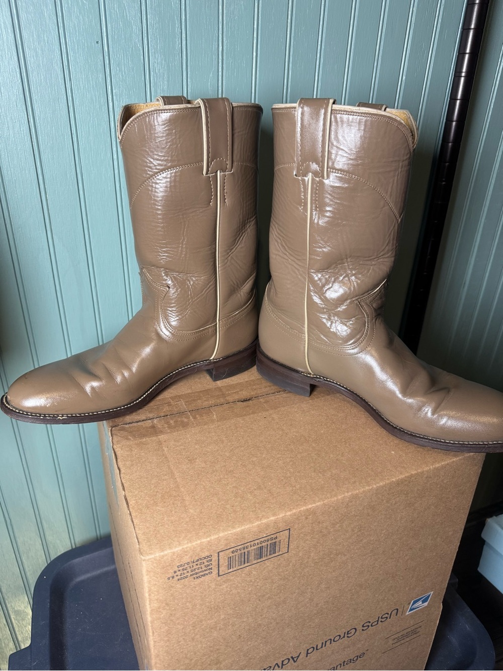 Justin Roper Taupe Leather Western Pull-On Cowboy Boots original Made in USA - Picture 5 of 7